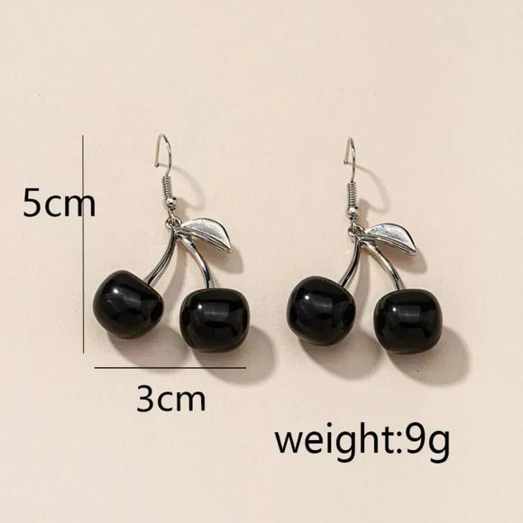 Silver & Black Cherry Fruit Earrings NEW - Picture 6 of 6